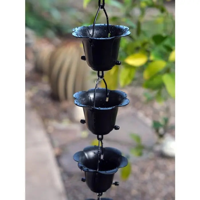 Rain Chain Iron Flower Cups in Black RainChains