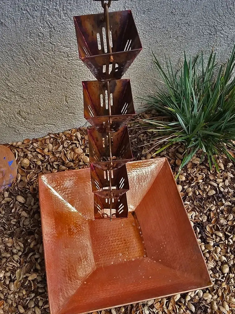 Hammered Copper Square Shallow Basin RainChains